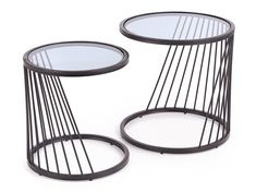 two black metal side tables with round glass tops and wire design on each end table