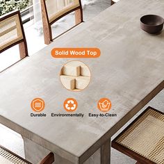 an image of a dining table with chairs around it and the words solid wood top