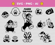 Digital Mario Characters Enemies Silhouette Vector Cut File SVG Bundle Bowser Svg Boo Svg Instant Download Piranha Plant - Etsy Mario Tattoo, Piranha Plant, Mushroom Tattoos, Fire Flower, Vector Cut Files, Vector Cut, Silhouette Design