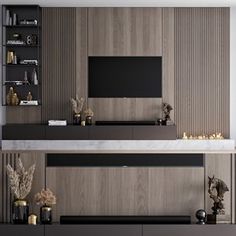 a modern living room with wood paneling and black accents on the wall, along with an entertainment center