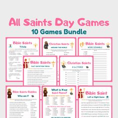 the all saints day games bundle includes 10 games, and an activity book for kids