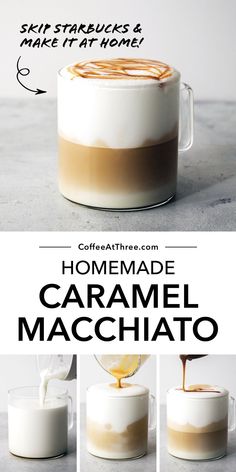 how to make homemade caramel macchiato coffee latte in a glass mug