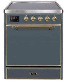 Majestic II 30 Inch Electric Freestanding Range in Blue Grey with Brass Trim - America Best Appliances, LLC Drawer Oven, Ilve Range, Freestanding Range, Kitchen Centerpiece, Freestanding Cooker, Heavy Duty Hinges, Dual Fuel Ranges, Brass Trim, Iron Grate