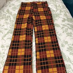 Urban Outfitters Bryn Flare Plaid Pants. Urban Outfitters High Waist Bottoms For Fall, Yellow Retro Pants For Fall, Retro Yellow Pants For Fall, Casual Brown Pants By Urban Outfitters, Casual Brown Pants From Urban Outfitters, Urban Outfitters Trousers For Fall, Urban Outfitters High-waisted Pants For Fall, Urban Outfitters Casual Brown Pants, Urban Outfitters Brown Cotton Bottoms