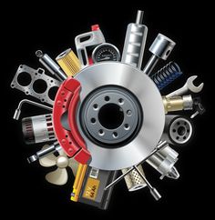 an assortment of car parts arranged in the shape of a circle on a black background