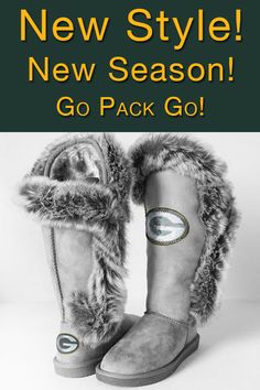 a pair of boots with the words new style, new season go pack go on