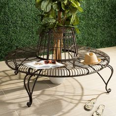 a potted plant sitting on top of a metal table next to a pair of shoes