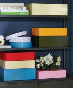 a shelf with many different colored boxes on top of it and flowers in the middle