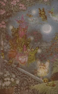 an artistic painting with flowers and fairy characters on the steps to a garden at night