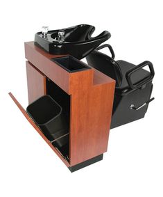 two black hair dryers sitting on top of a wooden stand