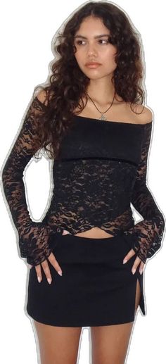 Black Lace Top Outfit, Off Shoulder T Shirt, Bodycon Outfits, Bardot Top, 2 Piece Skirt Set, Top Skirt Set, Streetwear Fashion Women, Black Lace Tops, Lace Ruffle