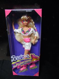 a barbie doll with blonde hair in a pink and white outfit on a black background