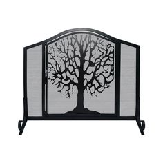 a black fireplace screen with a tree on the top and bottom panel, in front of a white background