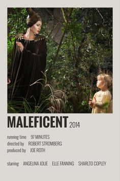 an advertisement for the movie maleficent, featuring a woman in black and a child in