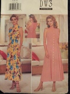 a woman's dress sewing pattern from the 1970s, with buttons on the front and side