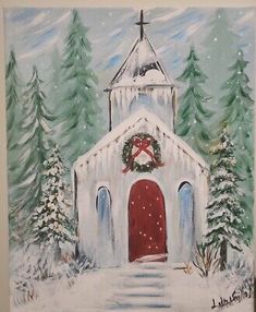 a painting of a church in the snow with a wreath on it's door