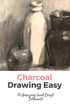 the cover of charcoal drawing easy, with two vases and an apple in front