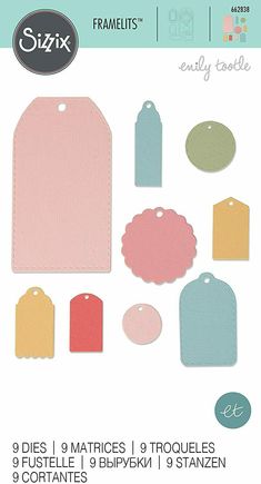 a set of paper tags with different shapes and sizes on the front, in pastel colors