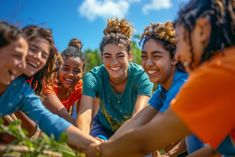 a group of young women standing next to each other in a field smiling at the camera