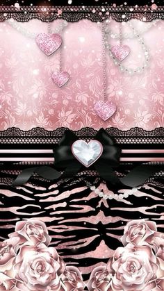 a pink and black background with roses, hearts and zebra print pattern on the bottom