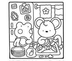 a coloring page with two cartoon bears cooking