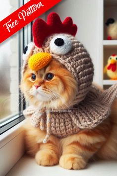 a cat wearing a knitted chicken hat and scarf