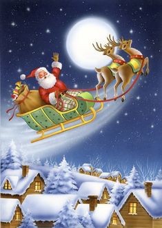 santa riding in his sleigh with reindeers