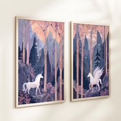 two framed art pieces depicting unicorns in the woods