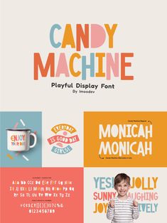 the candy machine display font is displayed in different colors and styles, including orange, blue,