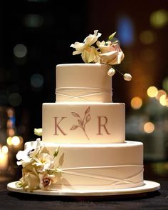 a white wedding cake with flowers on top