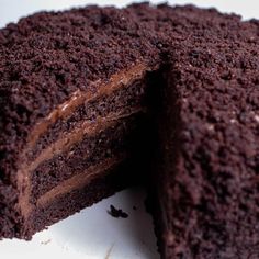 a chocolate cake with one slice cut out