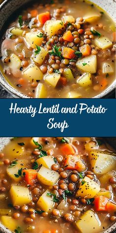 This Hearty Lentil and Potato Soup is a filling, flavorful meal made with wholesome ingredients like lentils, potatoes, carrots, and spices. Simmered to perfection, it’s an easy, nutritious soup that’s both vegan and gluten-free. Perfect for lunch or dinner, it’s cozy and satisfying! Healthy Soup Recipes With Potatoes, Meal With Lentils, Dinner Recipes With Beans Healthy, Lentils Potatoes Carrots, Lentil Potato Recipes, Easy Lentil Recipes Soups, Recipe For Lentils, Soup Recipes With Lentils, Sweet Potato In Soup