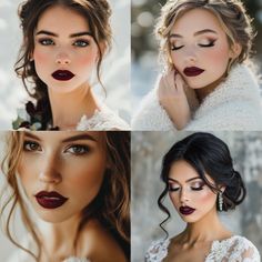 four different pictures of a woman with red lipstick