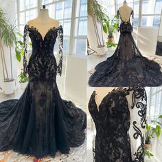 the back of a black lace dress with long sleeves and an open back, on display in