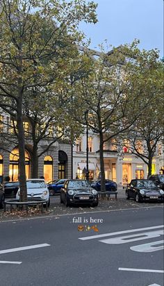 cars are parked on the street in front of a tall building with trees lining it