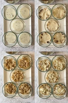 four images show different stages of making pies in glass dishes on a marble countertop