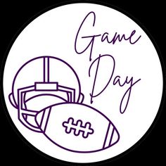 a football and helmet with the words game day written in purple ink on a white circle