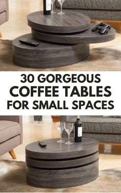 the coffee table is made out of wood and has two small spaces to sit on