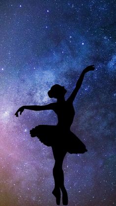 a ballerina silhouetted against the night sky with stars and galaxy in the background