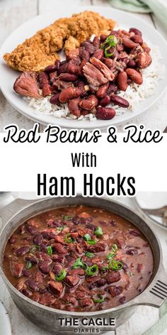 red beans and rice with ham hocks in a skillet on a white plate