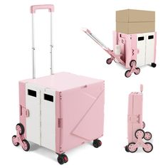 three different types of pink and white boxes on wheels