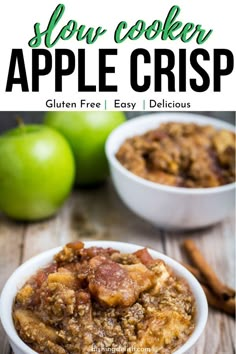 slow cooker apple crisp recipe with apples in the background and text overlay that reads slow cooker apple crisp