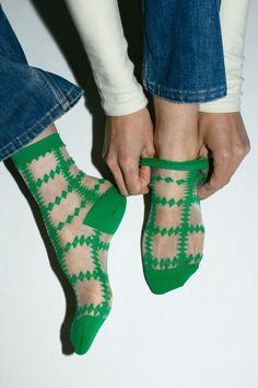 Part of the Made in Japan series, these sweet green squares socks have a super high needle count and a hand-closed toe for extra comfort. Fabric is nylon. Strawberry Socks, Crochet Squares, Crochet Accessories, Basel, Made In Japan, Persona, Socks, Japan, Square