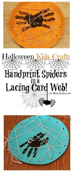 two different pictures of spider webs with the text halloween kids craft handprint spiders lacing card web