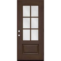 a brown door with glass panels on the front and side panel, in dark wood