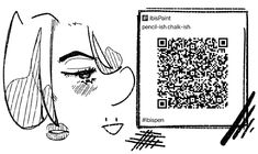 a drawing of a woman looking at a qr code