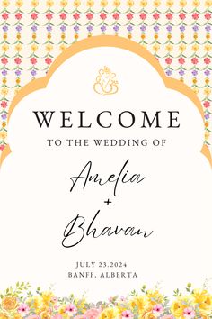 Yellow floral wedding welcome signage for hindu weddings Haldi Entrance, Indian Wedding Events, Welcome To Our Wedding Sign, Welcome Wedding Sign, Welcome Boards, Wedding Backdrop Design, Welcome Card, Card Inspo