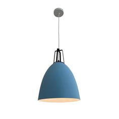 a blue pendant light hanging from a ceiling