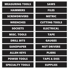 two black and white signs with different types of tools on them, one is labeled in the