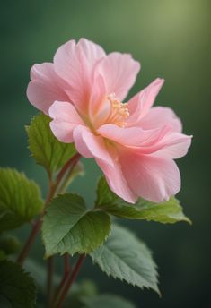 a pink flower with green leaves in the foreground and a blurry background behind it